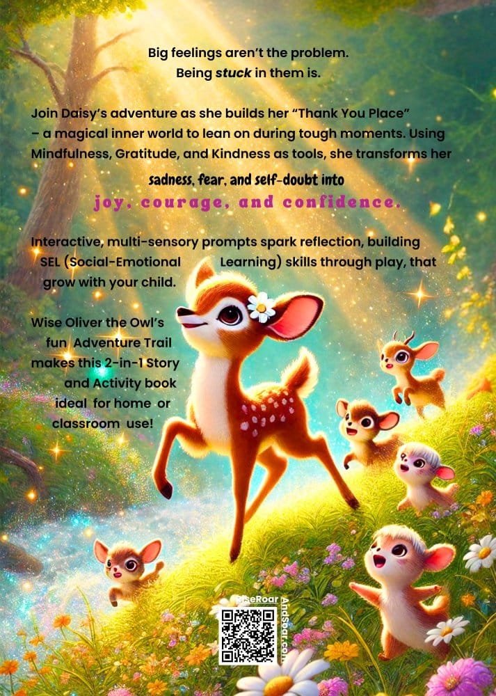 Back cover of Daisy the Deer’s Brave Thank You Place, a mindfulness story and activity book, featuring Daisy and her animal friends in a serene meadow.
