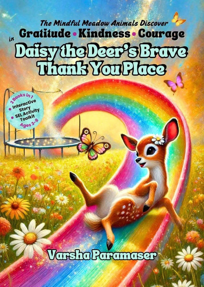 Cover of Daisy the Deer’s Brave Thank You Place, a mindfulness story and activity book for children, showing Daisy sliding on a rainbow in a vibrant meadow.